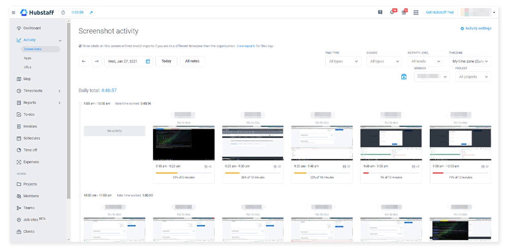 Интерфейс Hubstaff
