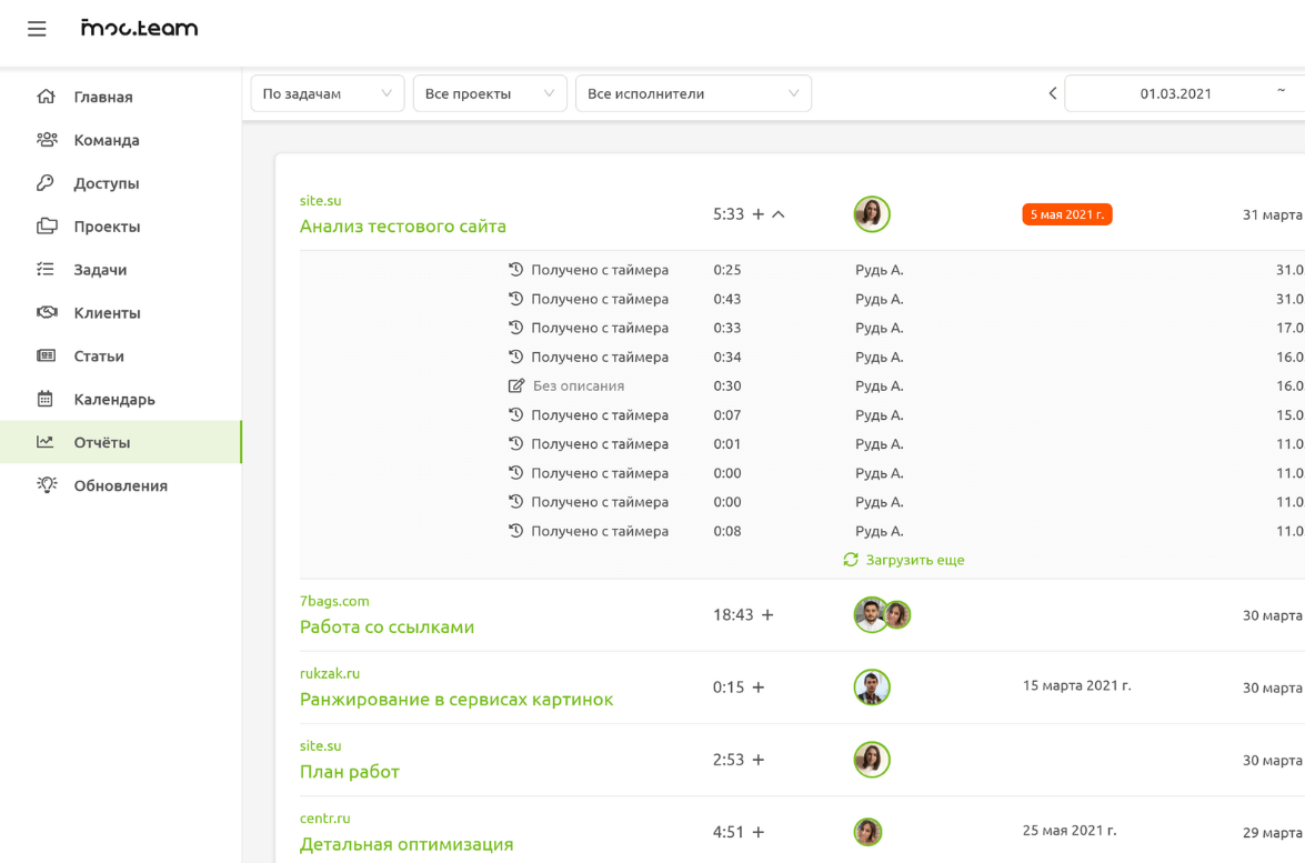 Интерфейс Moo.Team - Отчёты