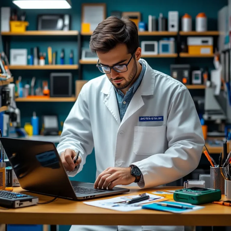 Мастер по ремонту техники чинит ноутбук